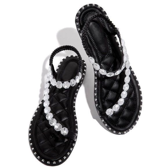 NEW🔥 Rhinestone Crystal Strap Flat Slide Sandals - Picture 2 of 5